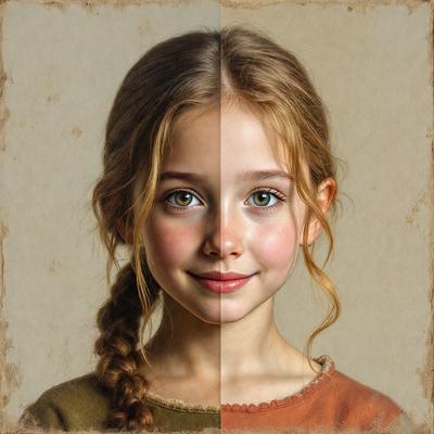 The image features a young girl with long hair, wearing a brown shirt. She is shown in two different styles, one with her hair down and the other with her hair up. The girl appears to be smiling, and the overall atmosphere is warm and friendly. The visual style of the image is a painting, which adds a sense of artistic expression to the scene.